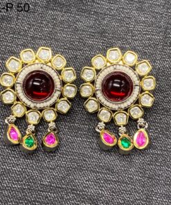 Kundan Stud Earrings | Teal Cabochon & Pearl Accents