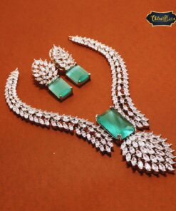 Soft aqua stone necklace and earrings set with diamond CZ leaf design in silver setting