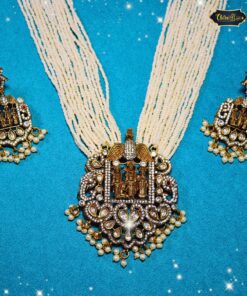 Traditional Ram Darbar Pendant Set featuring pearl beaded necklace and matching earrings with intricate devotional design.