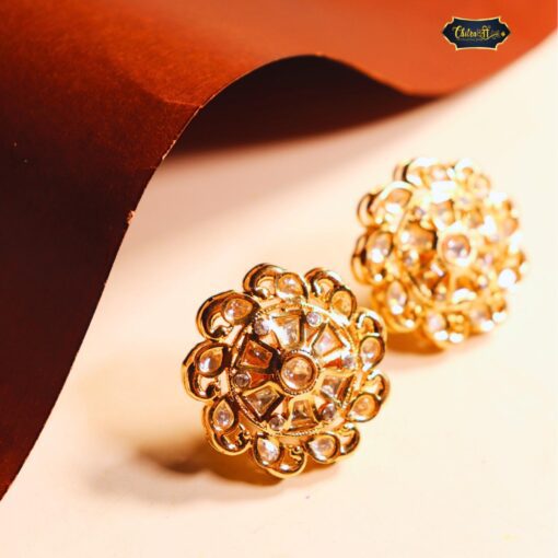 Handcrafted Royal Kundan Floral Stud Earrings with gold-tone finish and intricate floral design, perfect for bridal and festive occasions.