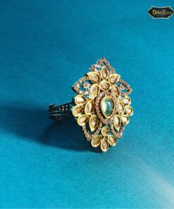 Mughal Majesty Kundan Ring with antique gold finish and traditional floral motifs, ideal for bridal, festive, or royal-inspired ethnic wear.