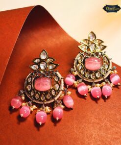 Royal Rouge Beaded Chand Earrings featuring vibrant red beads and intricate chandelier design, perfect for elegant and traditional occasions.