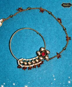 Floral Kundan Bridal Nath with red beads and pearl detailing – elegant traditional nose ring for bridal and cultural wear.
