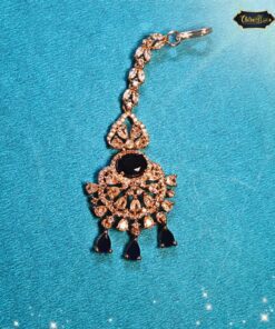 Celestial Nightfall Mang Tika – Traditional gold-toned hair jewelry with intricate design and gemstone detailing for festive and bridal wear.