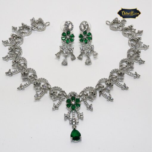 Green Royal Necklace Set featuring elegant emerald stones and floral design with matching earrings in a regal finish
