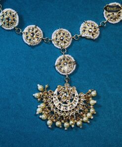 Chandrika Kundan Circle Matha Patti with circular kundan detailing and side chains, perfect for traditional bridal or festive Indian wear.