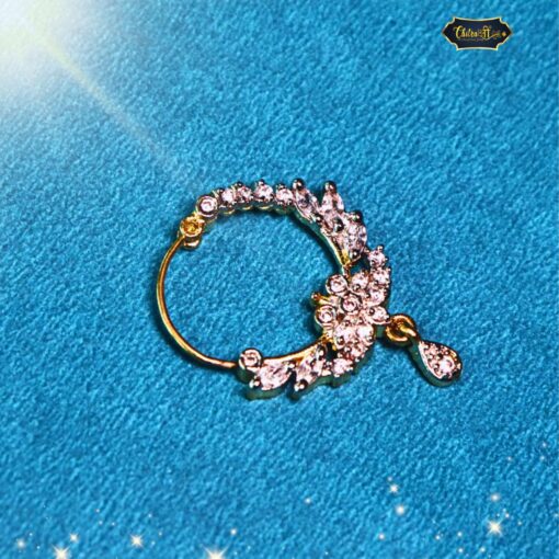 Crystal Hoop Nath With Teardrop Charm featuring crystal embellishments and a teardrop pendant, ideal as bridal nose jewelry.
