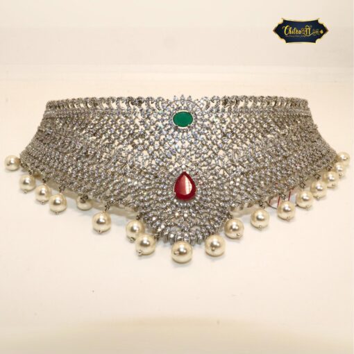 Majestic stone choker jewelry set with pearls and sparkling stones, includes matching earrings.