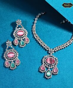 Pastel Dream Necklace Set - Mint Green & Pink Stone Party Wear Jewellery