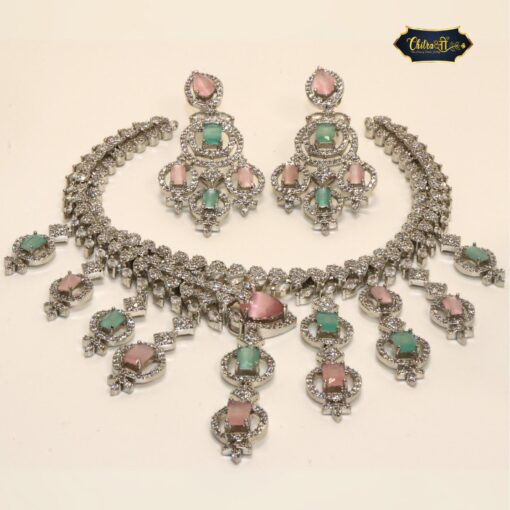 Pastel Bloom bridal jewelry set with pink and mint chandelier necklace and matching earrings.