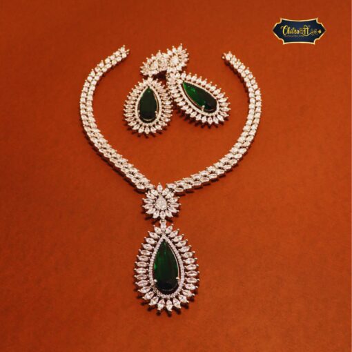 Midnight Allure Teardrop Bridal Set featuring radiant teardrop-shaped stones in necklace and earrings with silver-tone setting