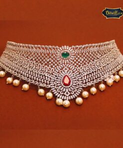 Elegant Majestic Stone Choker Set with pearls and matching earrings, inspired by royal traditional designs.