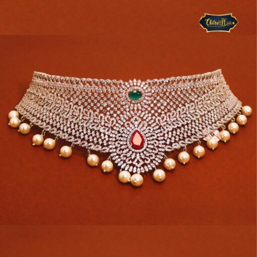 Elegant Majestic Stone Choker Set with pearls and matching earrings, inspired by royal traditional designs.