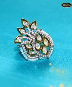 Pearl Edge Leaf Cluster Statement Ring featuring gold-toned leaves and pearl accents, perfect for elegant festive, bridal, or daily wear looks.