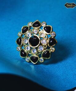 Noir Bloom Gold-Plated Statement Ring featuring a bold black flower design with gold finish—ideal for modern festive and party looks.