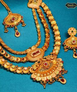 Rajwanshi Swarnlekha Multi-Layered Haar set with gold-plated beads and intricate design, styled as traditional bridal jewelry for weddings.
