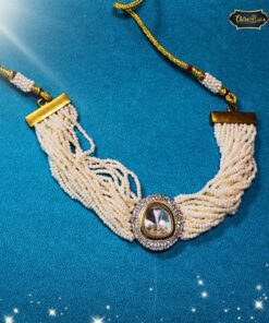 Multi-strand Kundan Pearl Choker Necklace with pearls and Kundan stones, ideal for bridal wear.