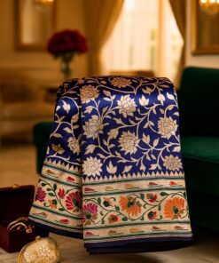 Royal blue Banarasi silk saree with golden floral zari weaving and rich pallu design.