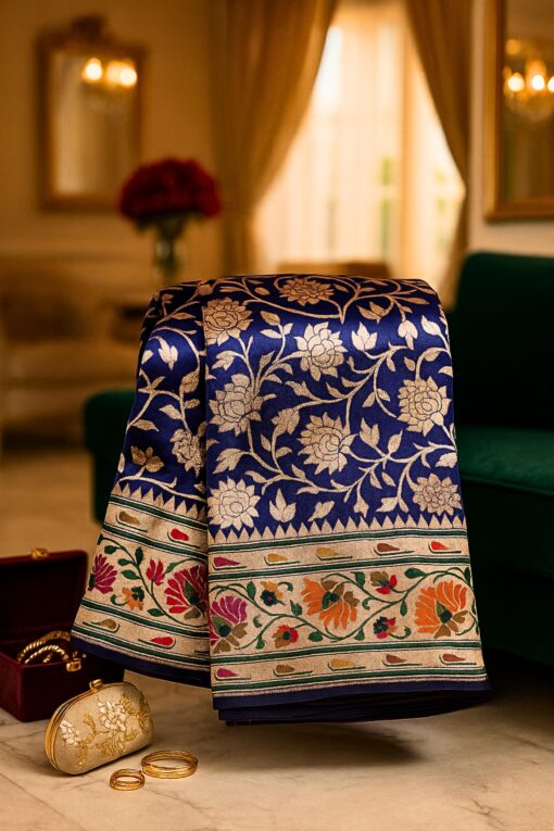 Royal blue Banarasi silk saree with golden floral zari weaving and rich pallu design.
