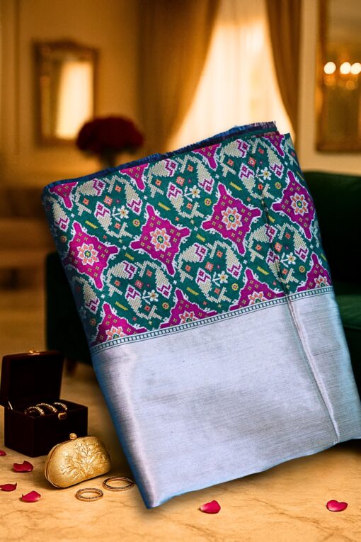 Elegant Banaras Silk Saree in silver and multicolor floral pallu with traditional handloom weave