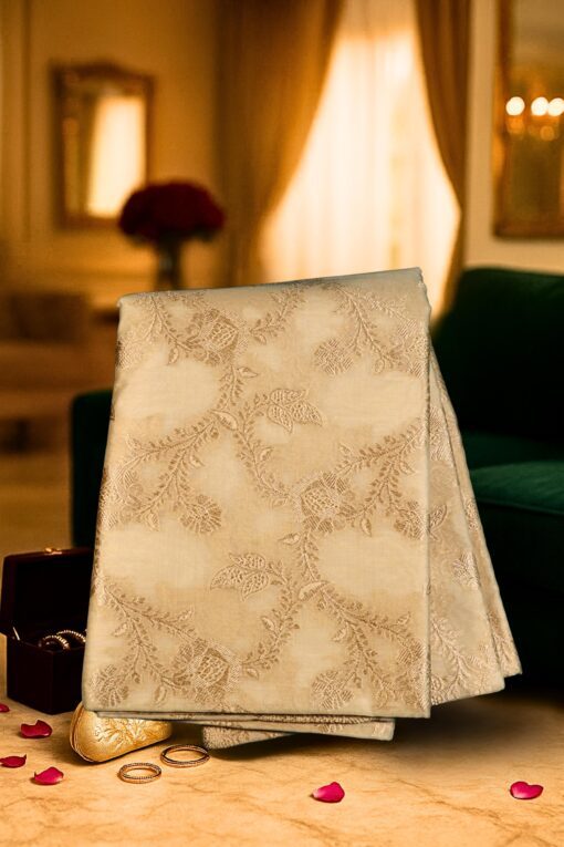 Handwoven beige-golden Banarasi saree made of pure Katan silk, featuring intricate floral motifs and subtle zari work, displayed elegantly.