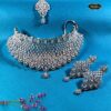 Teardrop-style necklace set with sparkling stones, paired with matching maangtika and earrings, ideal for bridal and festive wear.