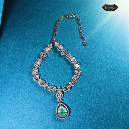 Royal Enchant Choker necklace with elegant stone setting displayed on a black velvet stand against a neutral background.