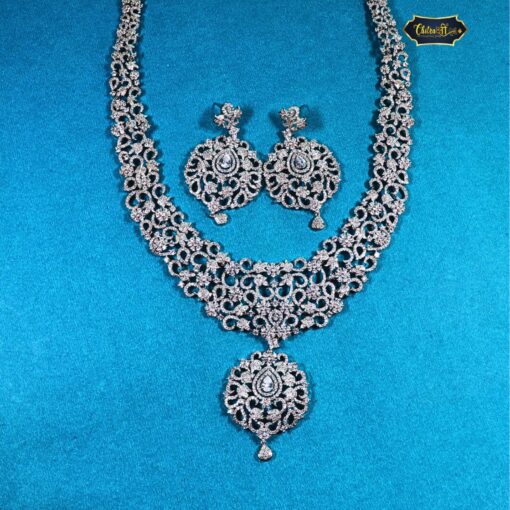 Ethereal Winter Jewelry Set featuring icy necklace and earrings with sparkling white stones, reflecting elegant winter-inspired craftsmanship.