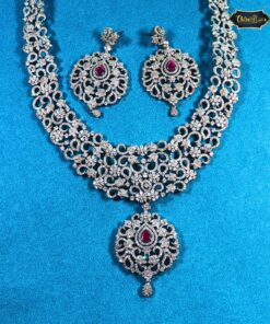 Blushing Elegance Jewelry Set with soft pink stones and diamond details, featuring necklace and earrings in a feminine, graceful design.