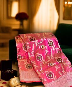 Rose Radiance Silk Saree in pure Banarasi handloom with intricate floral weaving and traditional Varanasi craftsmanship
