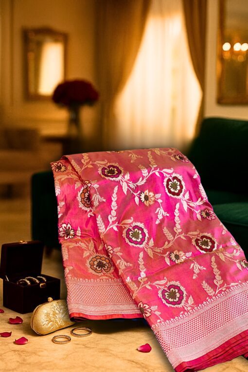 Rose Radiance Silk Saree in pure Banarasi handloom with intricate floral weaving and traditional Varanasi craftsmanship