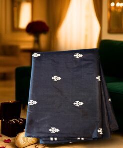 Navy Blue Banaras Katan Silk Saree with Silver Zari Buta Motifs, Handloom-Woven