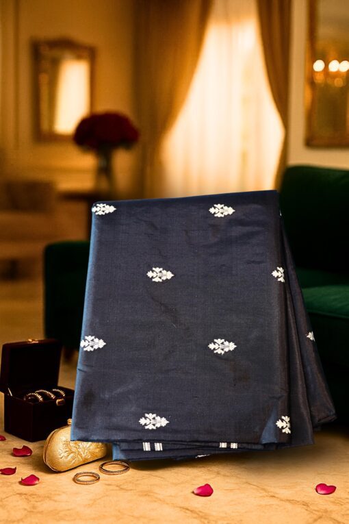 Navy Blue Banaras Katan Silk Saree with Silver Zari Buta Motifs, Handloom-Woven