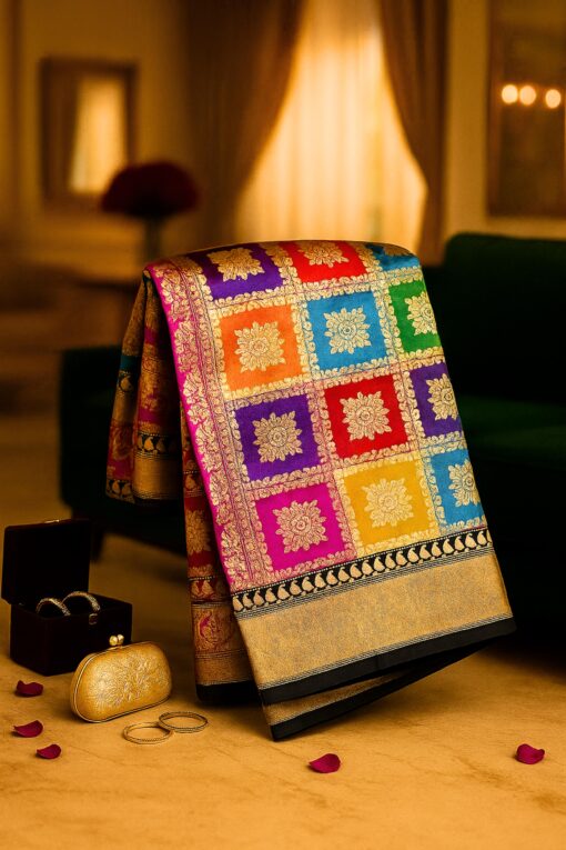 Royal Mosaic Banarasi Saree in pure silk featuring detailed handloom mosaic patterns and traditional Banaras craftsmanship