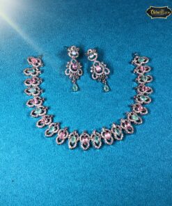 Pastel Sparkle Necklace Set featuring pink and green stones for weddings and parties, including earrings and bracelet in elegant pastel tones.