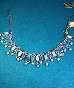 Ocean Breeze Necklace with icy blue stones and pearl dangles, perfect for beach weddings, summer looks, and ocean-inspired fashion.