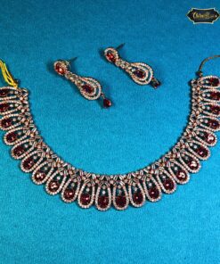 Red Stone Wedding Jewelry Set featuring a teardrop choker and earrings, ideal for brides or festive traditional evening wear