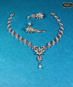 Mint green vine and floral necklace set with matching earrings in gold-toned base