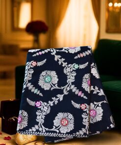 Heritage Banarasi Katan Silk Saree in navy-blue with floral multicolor handwoven motifs by Chitrankshi