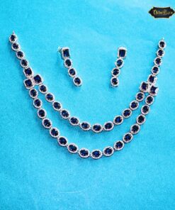 Royal Blue Stone Necklace Set with double chain and drop earrings