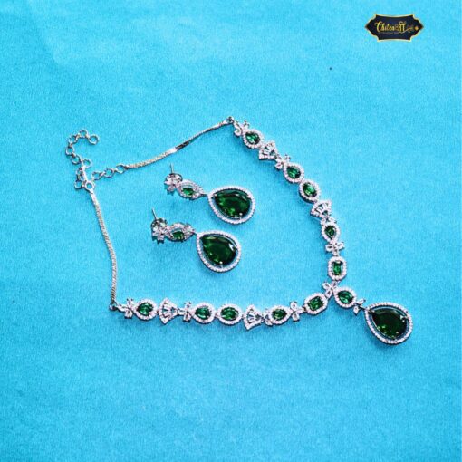 Royal Green Emerald Necklace Set with teardrop choker and matching earrings for women