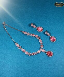 Rose Blush Statement Necklace Set – rose‑gold sparkling drop pendant and matching earrings on display