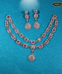 Blush pink bridal choker necklace with earrings in rose-toned double-layer design