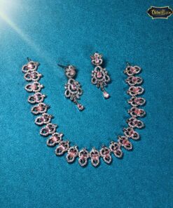 Elegant light-pink gemstone necklace with matching drop earrings in rose-gold plating