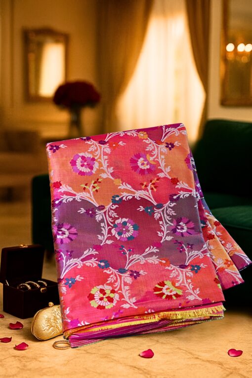 Heritage Banaras Katan Silk Saree featuring pure silk fabric, handloom weaving, and traditional Banarasi motifs inspired by timeless heritage art