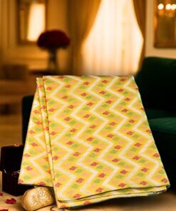 Heritage Banaras Pure Organza Silk Saree in soft yellow with zig-zag patterns and floral butis, handloom woven by Banarasi artisans.
