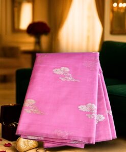 Pink Chitrankshi Heritage Banaras Pure Katan Silk Saree with silver zari floral motifs, handwoven in Varanasi