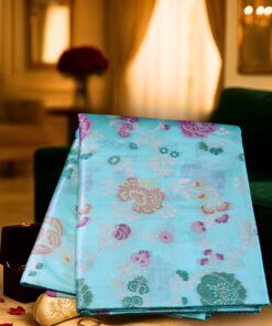 Sky blue Banarasi Organza Silk Saree with handwoven floral zari motifs and contrast pallu, crafted on handloom in Varanasi.